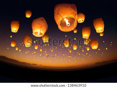 A Large Group Of Chinese Flying Lanterns.