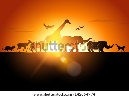 Sunset Safari Wildlife silhouetted against a sunset vector illustration Sunset Safari Wildlife silhouetted against a sunset vector illustration