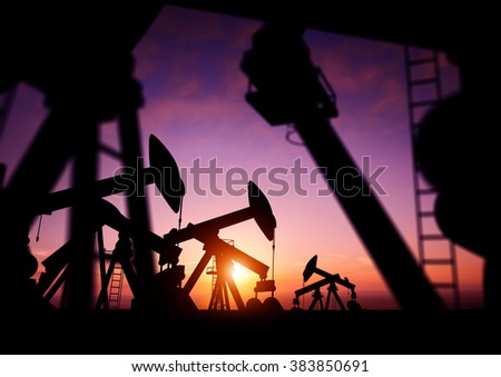 Oil pumps producing oil at dusk. 3D Illustration