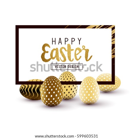 Easter Frame design with gold lettering and gold easter egg patterns. Vector illustration