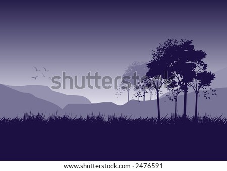 A fresh landscape illustration with trees and birds