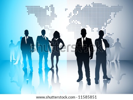 Business people with a world in the background. Vector illustration.