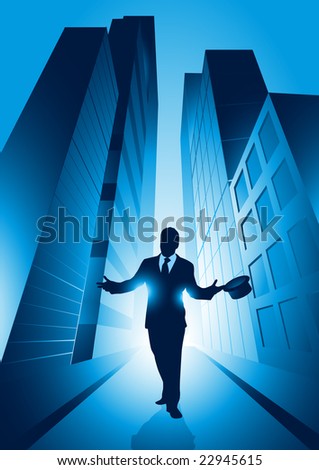 A businessman set against the big city. Vector illustration.