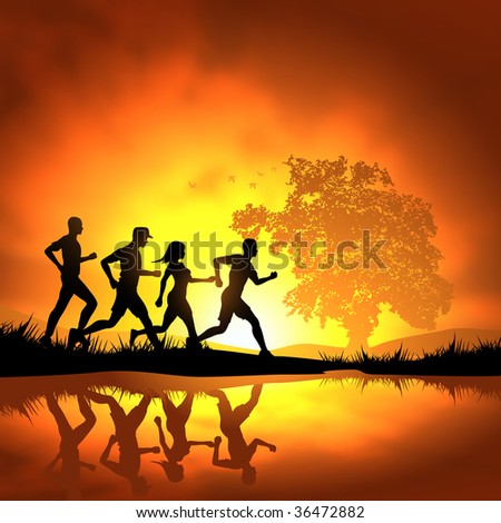 stock photo : People running cross country. Vector illustration.