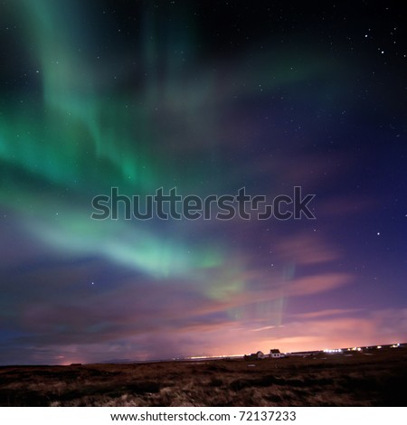Bright Aurora Borealis (Northern Lights) over southern Iceland, Febuary 2011.  grainy image