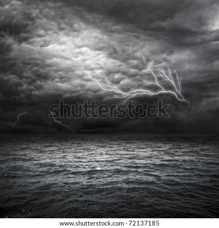Atlantic Ocean Storm setting in. Lightning over storm clouds above the sea.