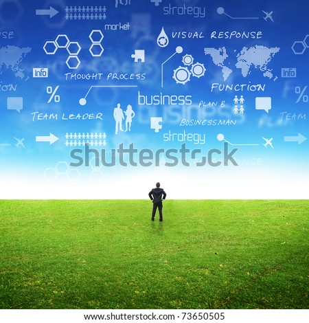 A businessman in a field with ideas in the sky Conceptual A businessman in a field with ideas in the sky Conceptual