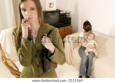 working mother leaving a baby at home with a babysitter