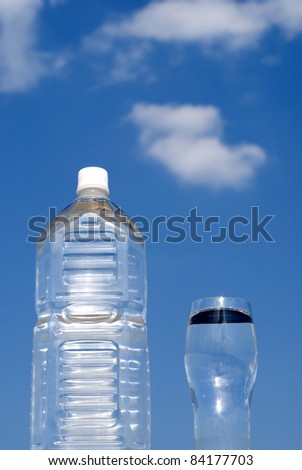 Clear plastic bottle and water in the blue sky