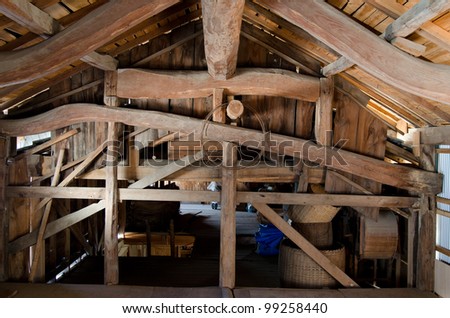 Complicated wood framework of old barn inside in rural Japan