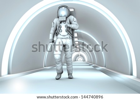 A Astronaut walking in a space station. 3D rendered illustration.