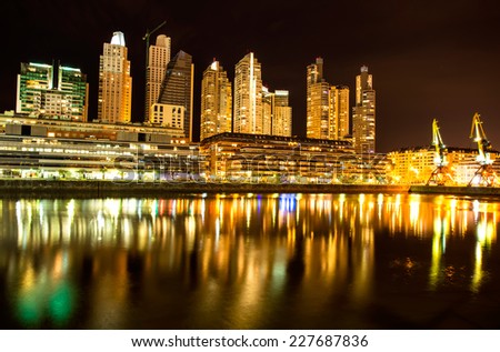 The famous neighborhood of Puerto Madero in Buenos Aires, Argentina at night.