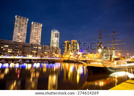 The famous neighborhood of Puerto Madero in Buenos Aires, Argentina at night.