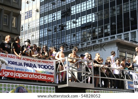 SAO PAULO - JUNE 06: People participating on the yearly, and worldwide largest Gay Parade on June 06, 2010 in Sao Paulo, Brazil.