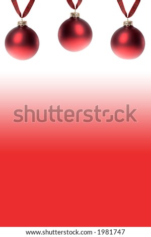 This stock photo has a white and red variegated background with a border of red Christmas ornaments dangling from plaid ribbon.