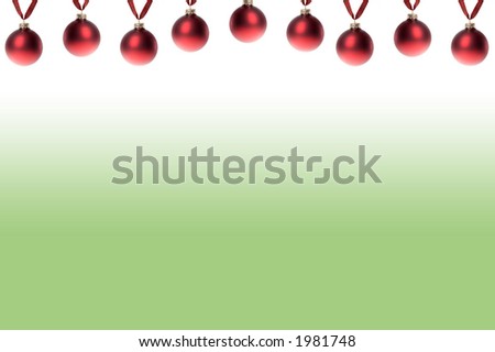 This stock photo has a white and green variegated background with a border of red Christmas ornaments on plaid ribbon across the top.  Great background for print or website!