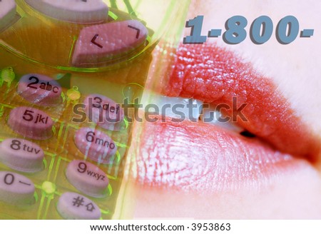 Woman\'s lips close up.  Cross Processed colors. overlay of 1-800 number and telephone to imply adult entertainment