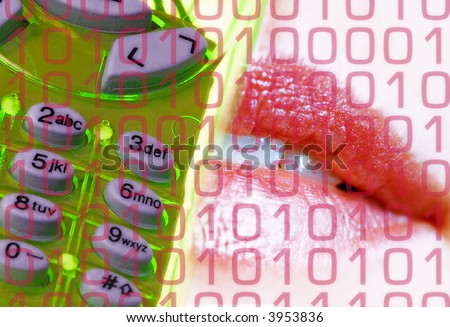 Woman\'s lips close up.  Cross Processed colors. overlay of binary code and telephone to imply adult entertainment