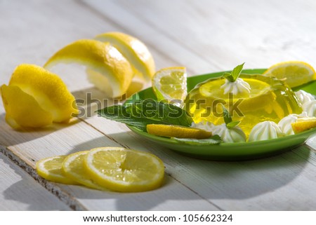 Closeup Lemon jelly with fresh mint leaves