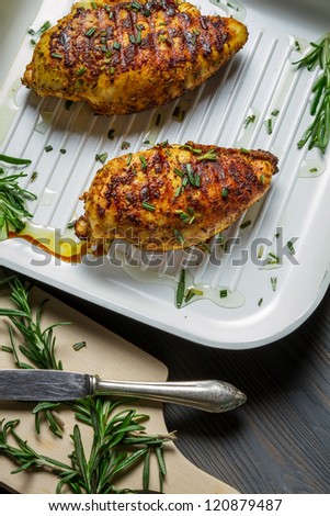 Two chicken breasts baked in a pan