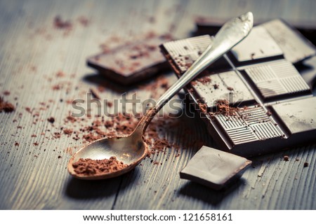 Cocoa Powder On Spoon And Dark Chocolate Background