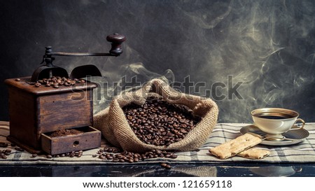 Scent of vintage brewing coffee on smoke background
