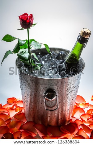 Red rose and cold champagne for Valentine\'s Day