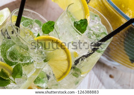Lemon drink with ice and mint leaf