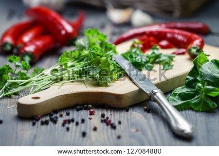 Closeup of fresh chopped parsley and red pepper