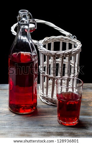 Old bottles with red juice