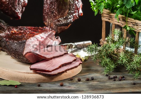 Close-up of freshly sliced smoked ham