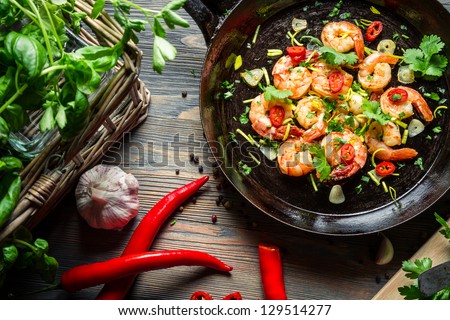 Shrimps On Pan With Fresh Herbs