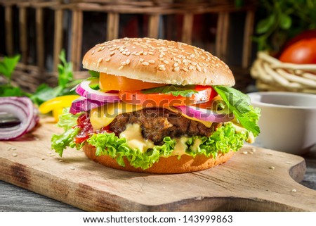 Closeup of burger made from vegetables and beef Closeup of burger made from vegetables and beef