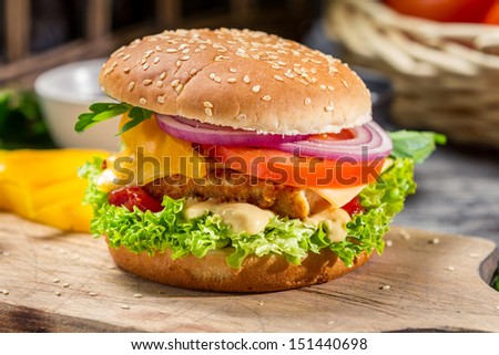 Homemade burger made Ã?Â¢??Ã?Â¢??from fresh vegetables and chicken