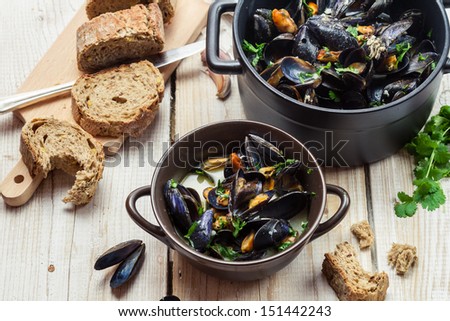 Closeup of freshly cooked mussels at home