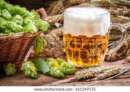 Small beer with a large foam surrounded by hops