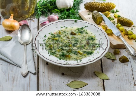 Close-up of sliced gherkins and cucumber soup
