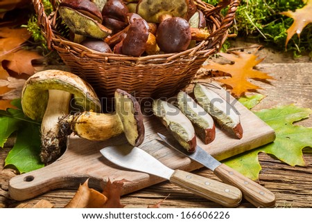Forest mushrooms in a basket prepared for dinner