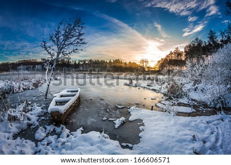 First snow at sunrise in winter