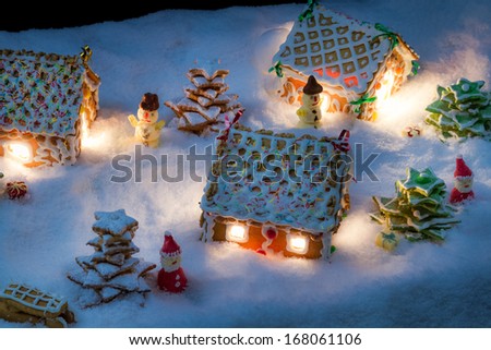 Small gingerbread village built from sweetness