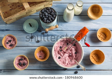 Homemade production line of blueberry ice cream
