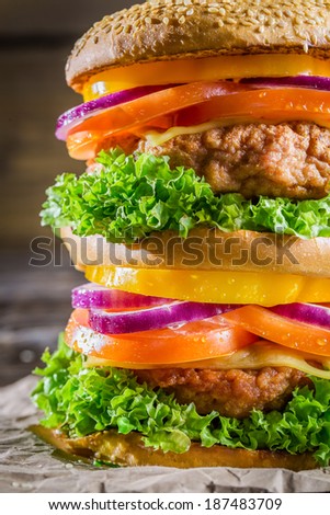 Closeup of tasty homemade big burger