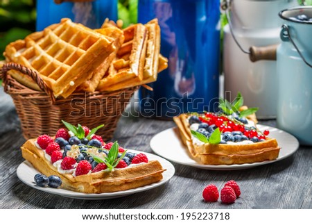 Waffles with fruit and whipped cream