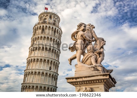 Leaning Tower of Pisa and monuments  on blue sky background