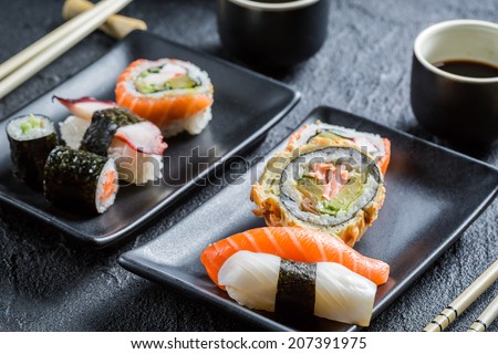 Closeup of sushi for two people