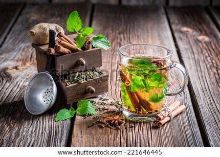 Hot leaf tea with cinnamon