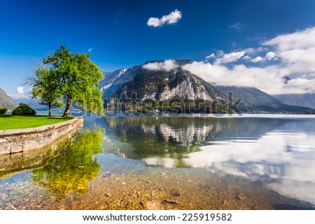 Crystal clear mountain lake in full sunlight