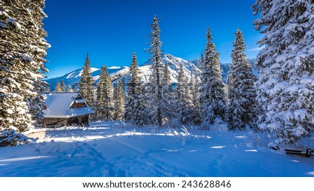 Old wooden cottage in a winter mountains