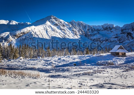 Small mountain cottage in the high mountains in winter