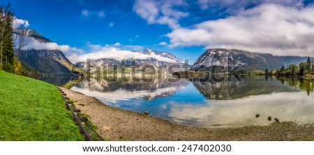 Big panorama of mountain lake between mountains